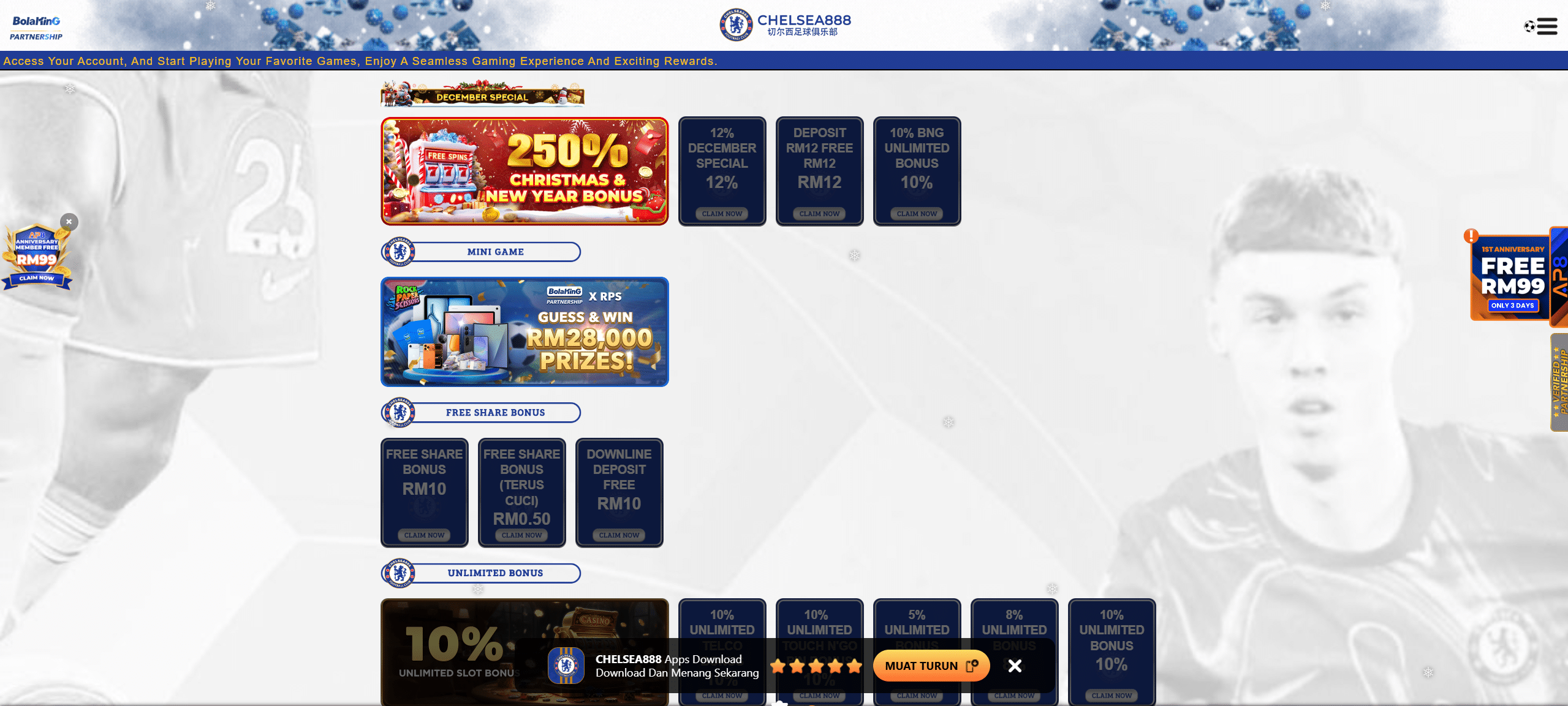 Claim free credit 365 rm1 and new register rm5 from chelsea888 bonus page