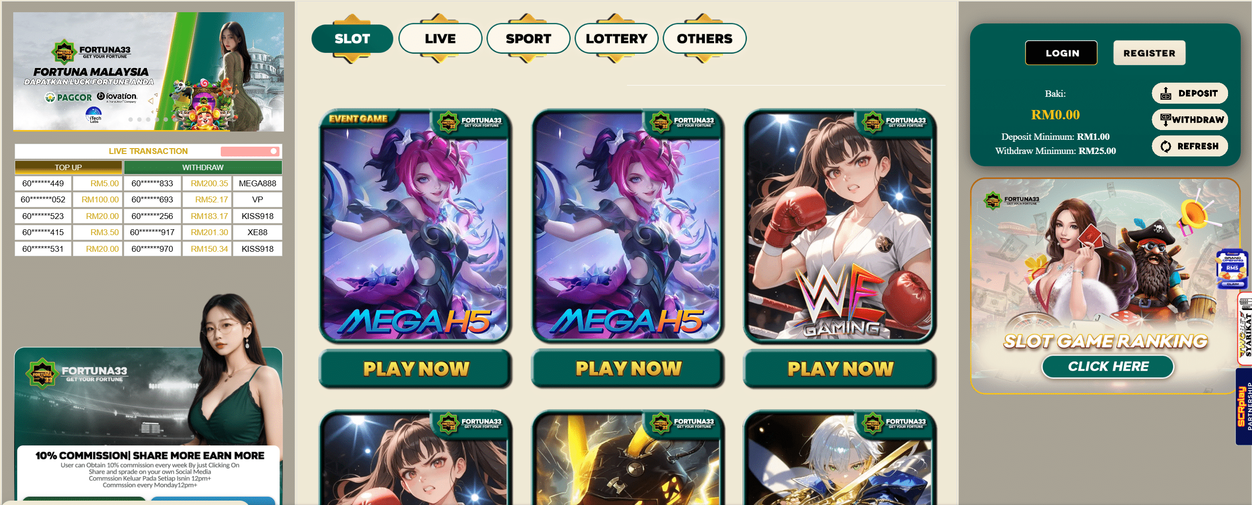 Games selection on fortuna33, claim free credit rm5