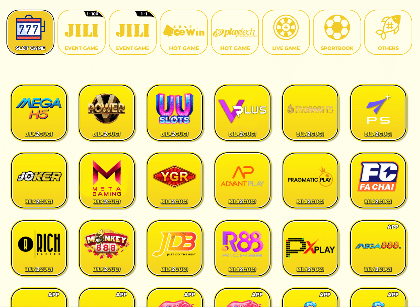 Bila2cuci offers all online casino games like slots, live casino, 4d, sports betting