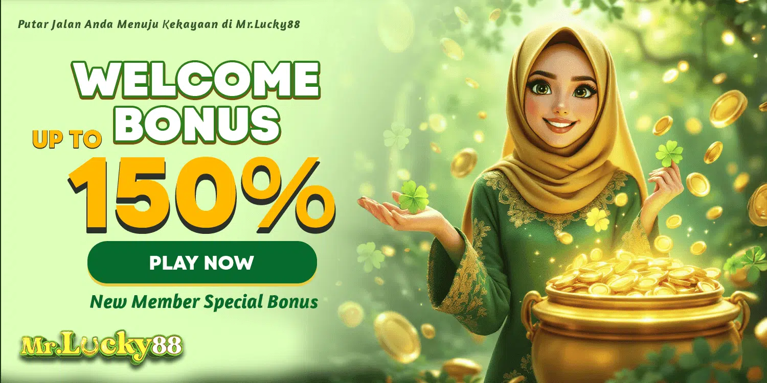 MrLucky88 welcome bonus up to 150 percent promotion banner for new members